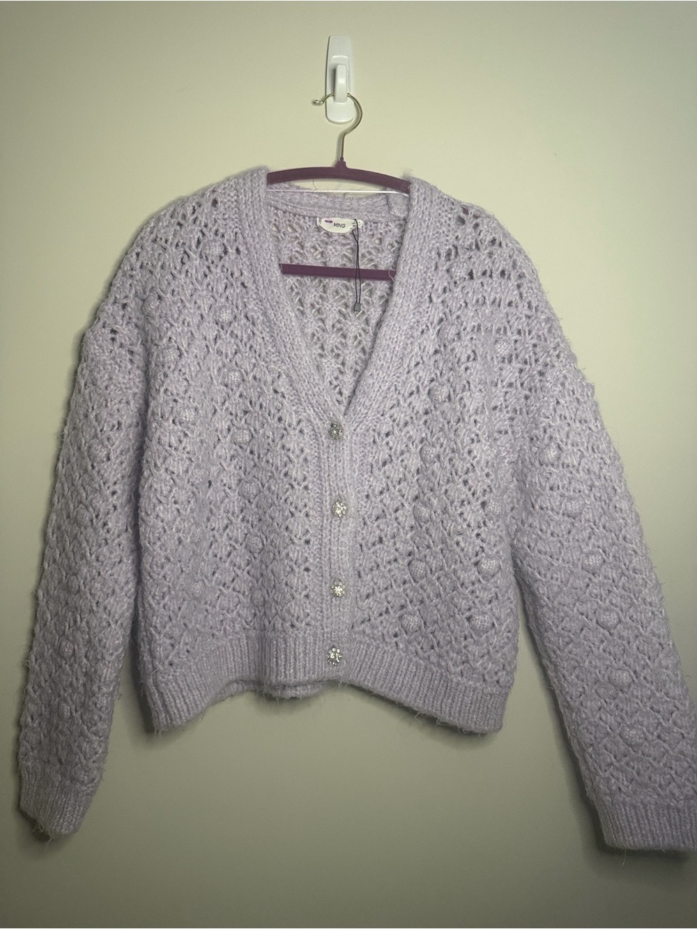 Mango Lilac Open-Knit V-Neck Cardigan with Floral Buttons